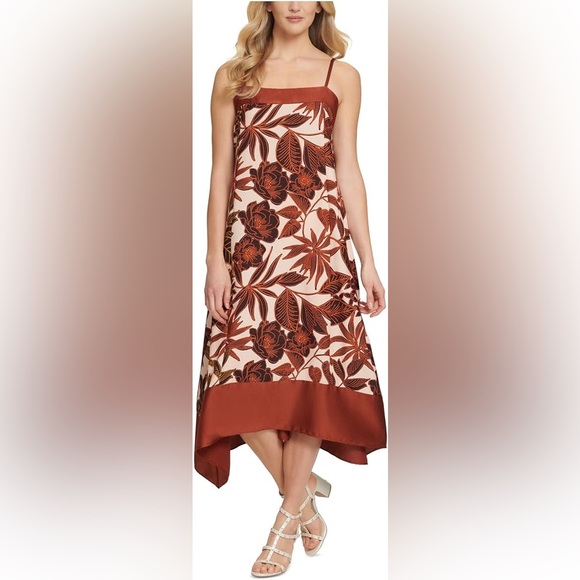 DKNY Brown Floral Midi Dress NWT Large Square Neck Spaghetti Strap Flowy Shift - Picture 7 of 7